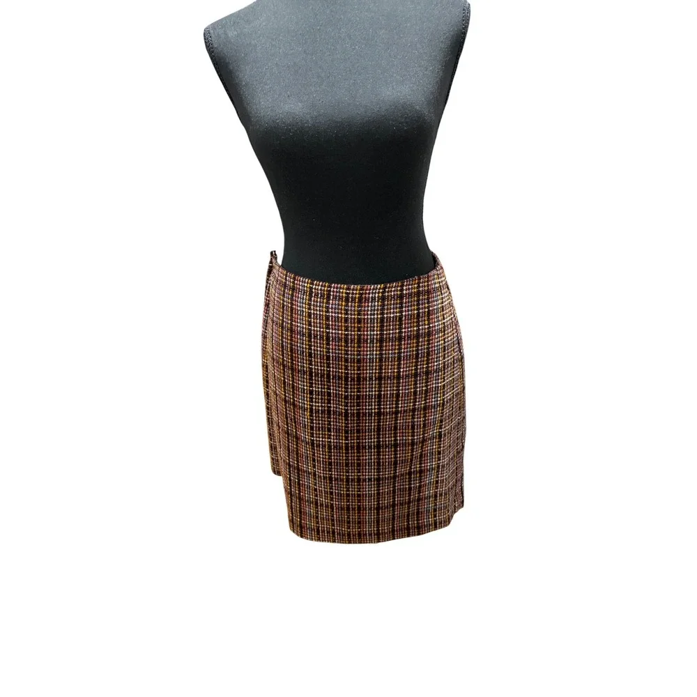 Loft Outlet Burgundy Plaid Tweed Mini Skirt Womens Size 2 Side Zip Lined Fall